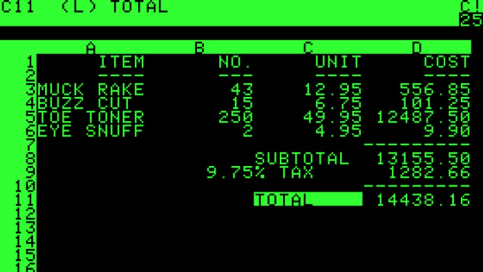 So sah Visicalc auf dem Apple II aus.