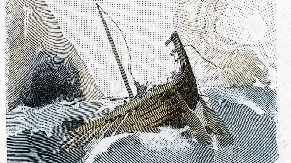Odysseus' Boot zwischen Skylla und Charybdis.