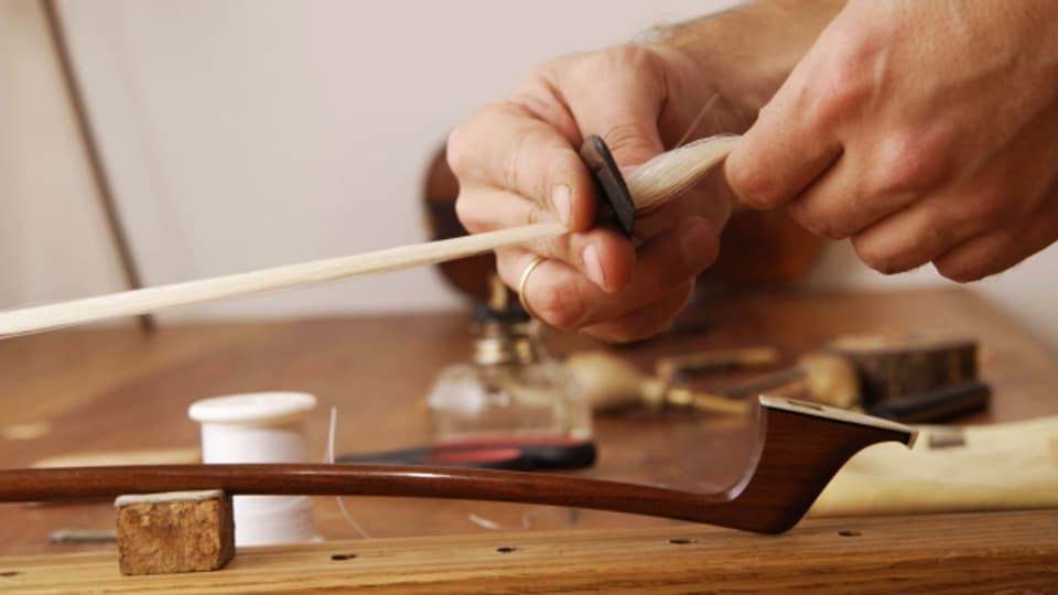 Ein Daxophon ist ein Instrument, bei dem man einen Geigenbogen an einer schmalen Holzplatte entlang zieht.
