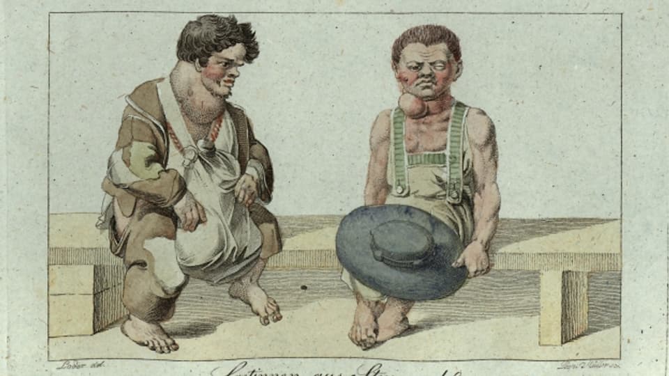 Kretinismus-Erkrankte. Kupferstich um 1815