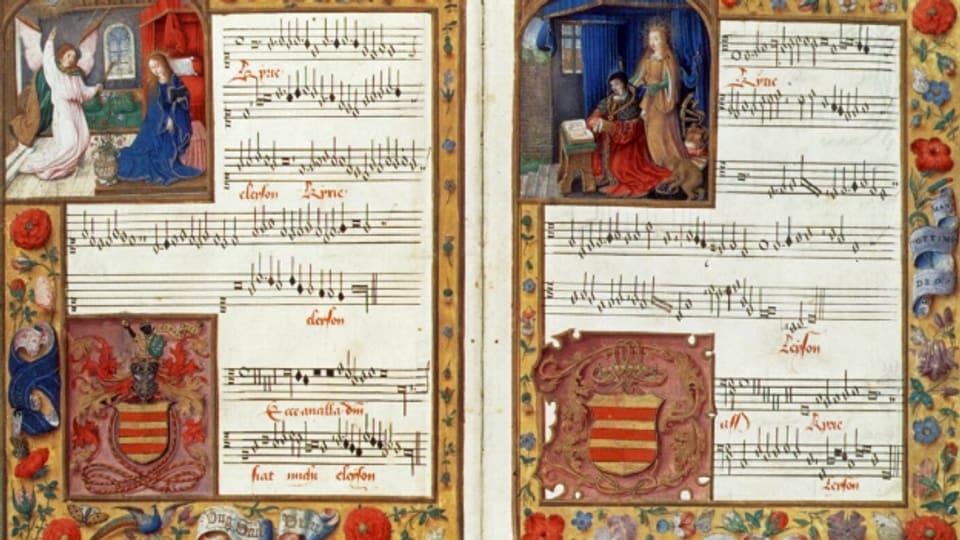 Illustrierte Notenbätter des Chigi Kodex des flämischen Komponisten Johannes Ockeghem