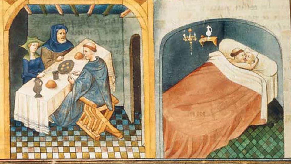 Szene aus dem «Decamerone»: Ein Mönch zu Gast am Tisch eines Ehepaares / Der Mönch schläft mit der Frau, während der Ehemann betet. (Buchmalerei, französisch)