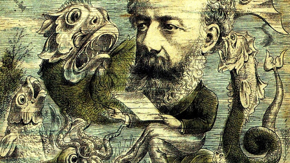 Cover eines Satire-Magazins, das Jules Verne inmitten von Tiefseemonstern zeigt.