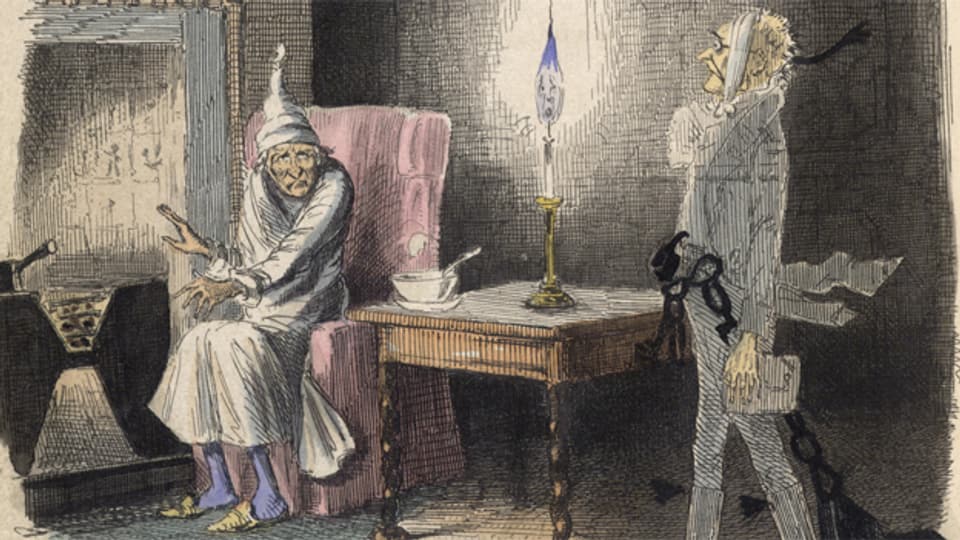 Ebenezer Scrooge begegnet Marleys Geist: Illsutration aus der Erstausgabe von «A Christmas Carol» 1843