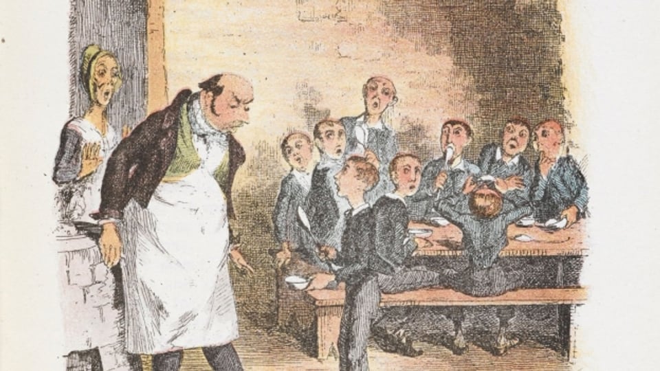 Oliver Twist im Heim. Er will mehr. Illustration von George Cruikshank für die Erstausgabe von Oliver Twist. Coloriert um 1911.