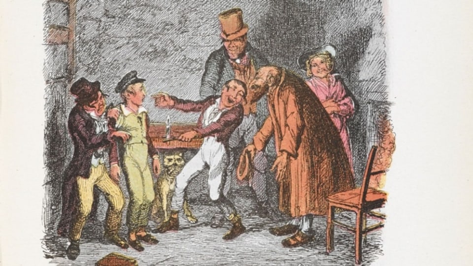 Oliver landet bei Fagin und seiner Bande. Illustration von George Cruikshank für die Erstausgabe von Charles Dickens. Coloriert in 1911.