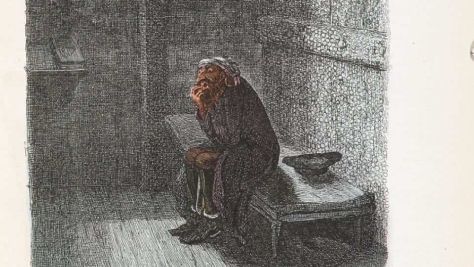 Fagin in seiner Zelle. Die wohl berühmteste Illustration von George Cruikshank für die Erstausgabe von Charles Dickens. Coloriert in 1911.