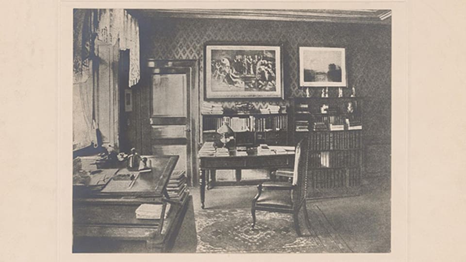 Gottfried Kellers letztes Arbeitszimmer im Hause zum Thaleck (Zeltweg 27, Zürich 7), nach einer zeitgenössischen Photographie.