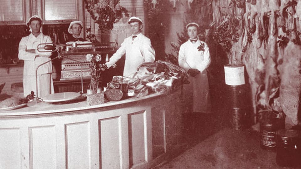 Der «Central Meat Market» des Aargauers Jakob Baumanns in Fremont, Ohio. Aufnahme 1904.
