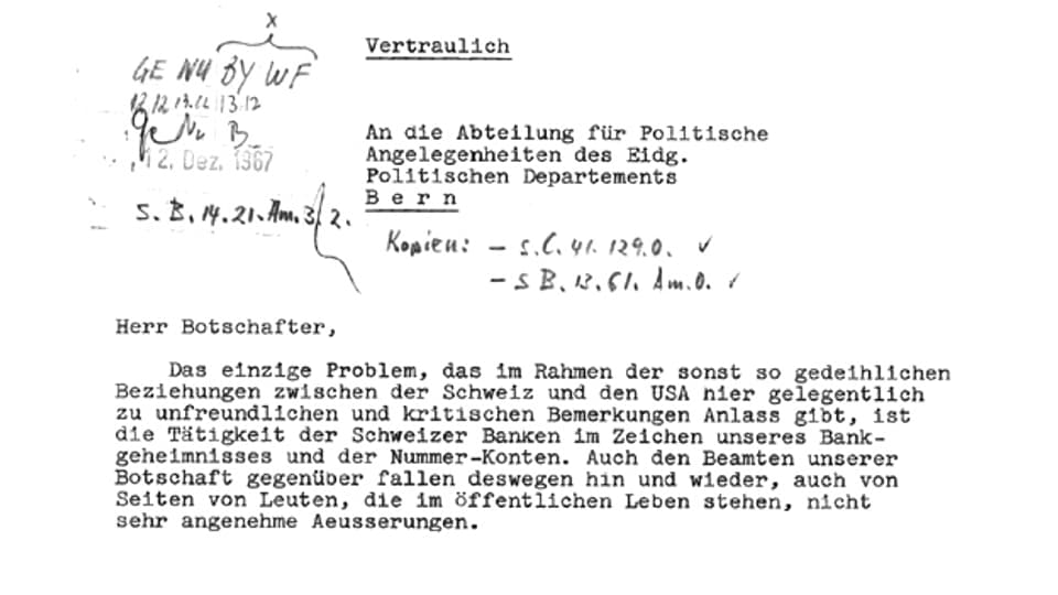Im Wortlaut hat sich nicht viel geändert: Dieses Schreiben des schweizerischen Botschafters in Washington an den Chef der Abteilung für Politische Angelegenheiten des Politischen Departements (heute EDA) von 1967 war die erste öffentlich Kritik aus den USA an die Schweiz.