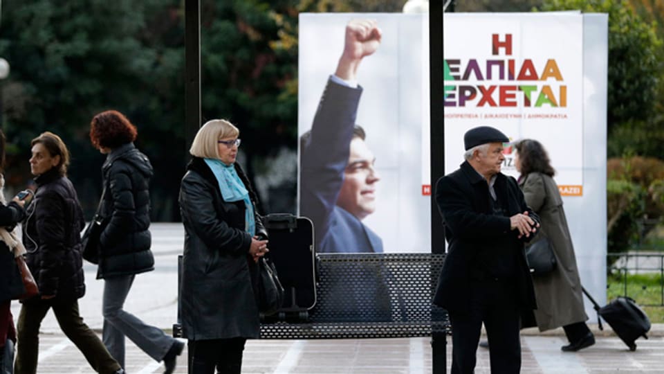 Wahlplakat von Alexis Tsirpas mit dem Slogan, zu Deutsch «Die Hoffnung kommt».