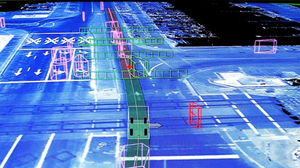 Vernetzt und automatisiert: Display im Innern eines autonomen Fahrzeugs.