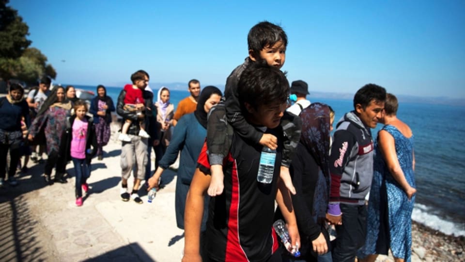 Afghanische Flüchtlinge nach ihrer Ankunft in Lesbos.