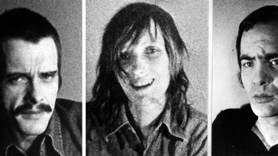 Fotos der drei Terroristen Jan-Carl Raspe, Gudrun Ensslin und Andreas Baader (von links), aufgenommen in der Justizvollzugsanstalt Stammheim, dort nahmen sich die Häftlingen am 18. Oktober 1977 das Leben.
