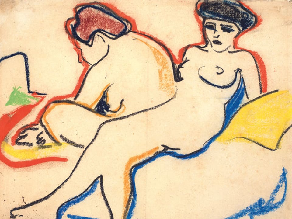 Ernst Ludwig Kirchner, Zwei Akte auf einem Lager, 1905. Schwarze Kunstkreide und Farbkreiden auf Papier