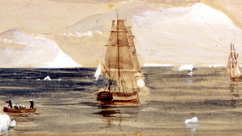 Zeichnung aus dem 19. Jahrhundert von Schiffen bei einer Polar-Expedition