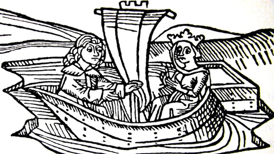 Tristan und Isolde in einem Holzschnitt.