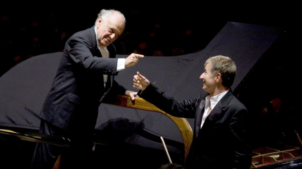 Schon fast Amerikaner: Pianist Jean Yves Thibaudet (r.) mit Dirigent Lorin Maazel an der New Yorker Philharmonie.
