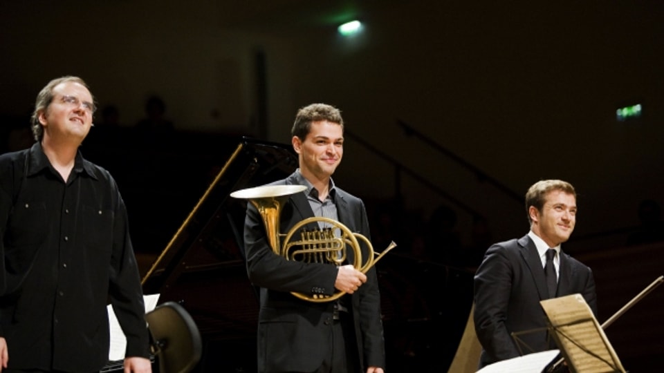 Nicola Angelich (links) mit David Guerrier (mitte) und Renaud Capucon (rechts) nach einem Konzert.