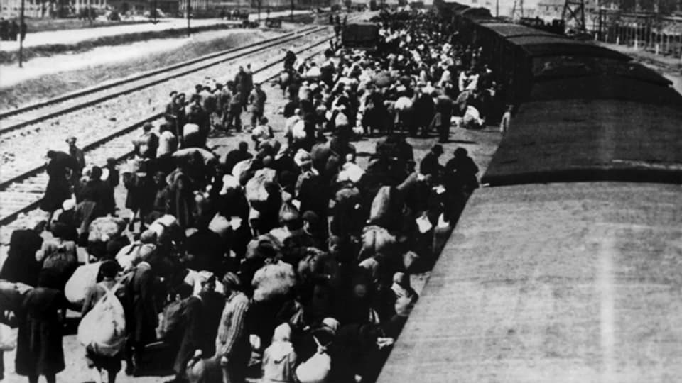 Das undatierte Foto zeigt die Ankunft eines Gefangenentransportes aus Budapest in Auschwitz.