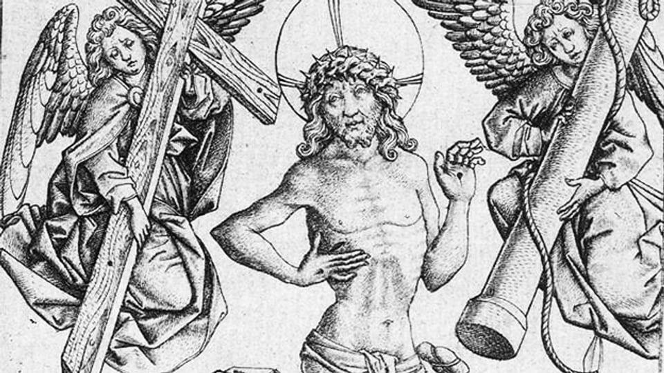Schmerzensmann und vier Engel mit Passionswerkzeugen, Kupferstich von Meister E. S., ca. 1460.