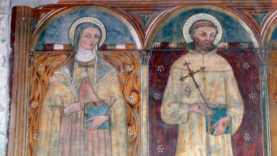 Ausschnitt eines Freskos der Hieronymuskapelle vom heiligen Franz und der heiligen Klara von Assisi, San Damiano, Assisi.