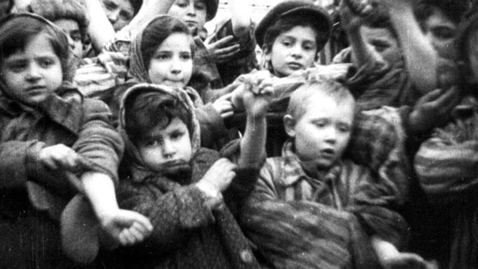 Kinder zeigen ihre Identifikationsnummern des Konzentrationslagers Auschwitz.