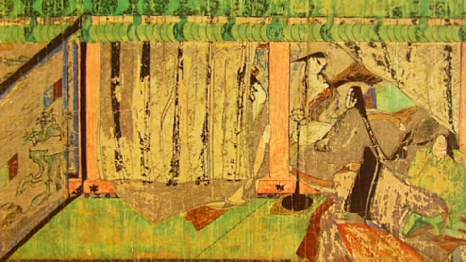 Eine Papierrolle zeigt eine Szene aus Japans ältestem Roman.