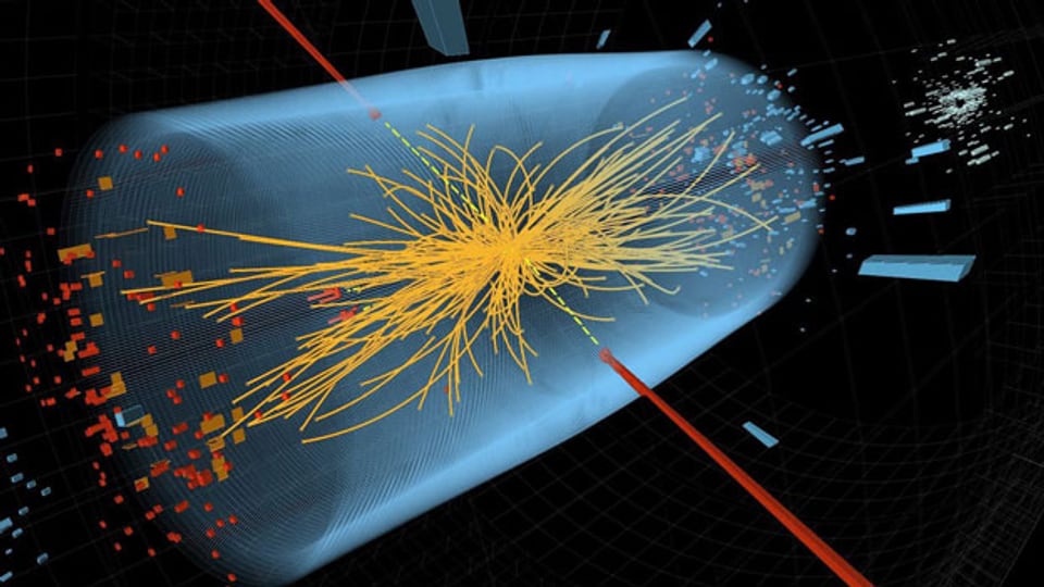 So ungefähr sieht es aus: Zwei Photonon (rote Linien) kollidieren im Large Hadron Collider. Die gelben Linien sind Partikel, die bei der Kollision entstehen.