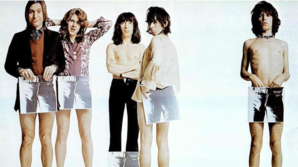 The Rolling Stones posieren 1971 mit dem Plattencover von «Sticky Fingers».