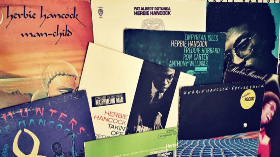 Einige Herbie Hancock-Platten aus DJ Pesas Plattensammlung.