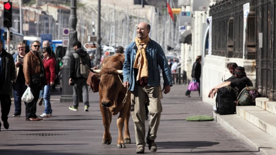 Fatah (Fatsah Bouyahmed) marschiert mit seiner Kuh Jacqueline in Marseille los.