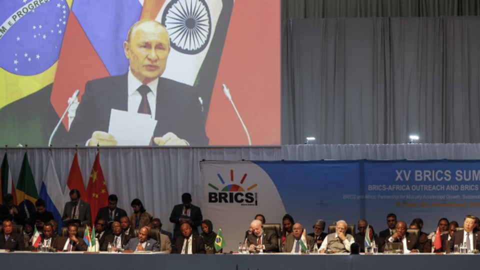 Der russische Präsident Wladimir Putin hält eine Rede per Videoschaltung am BRICS-Gipfel in Johannesburg.