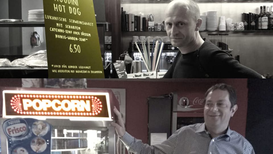 Popcorn vs. Hot Dog: Hansjörg Beck («Rex» Wohlen) und Frank Braun («Houdini» Zürich) betreiben zwei unterschiedliche Kino-Konzepte - sind sich aber einig, dass das Geschäft momentan «etwas flautig» ist.