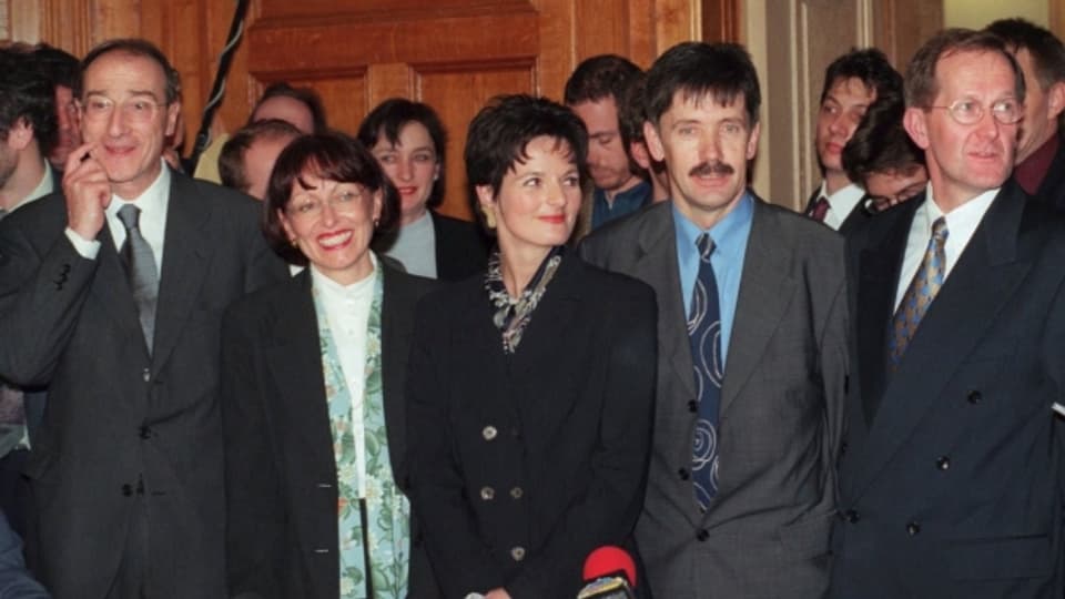 Bundesratsersatzwahl 1999: Die Kandidatinnen und Kandidaten der CVP: Remigio Ratti, Rita Roos, Ruth Metzler, Adalbert Durrer und Joseph Deiss.