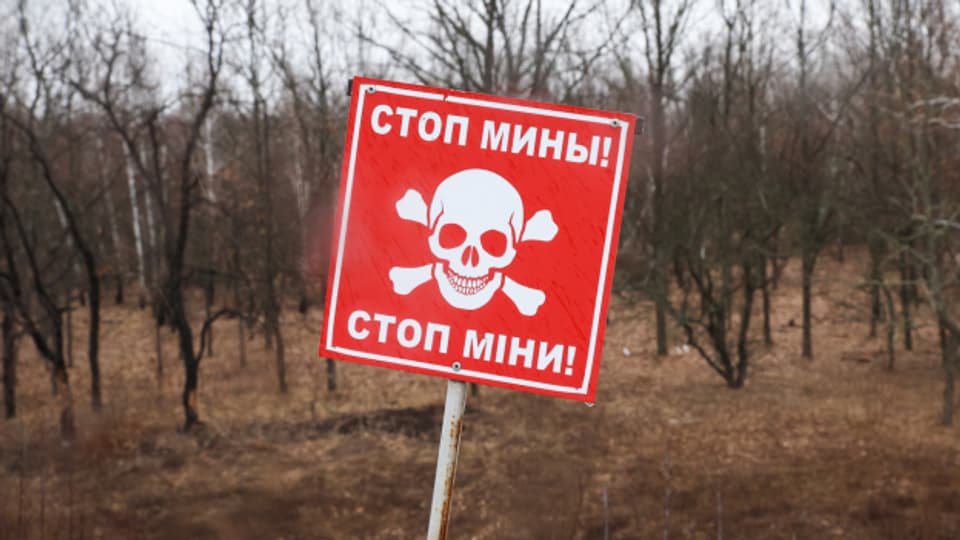 Ein Minen-Warnschild in der Region Lugansk.