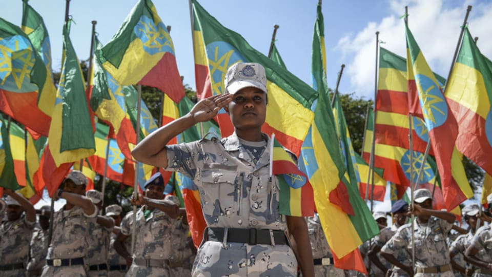 Mitglieder Streitkräfte der äthiopischen Zentralregierung bei einer Parade.