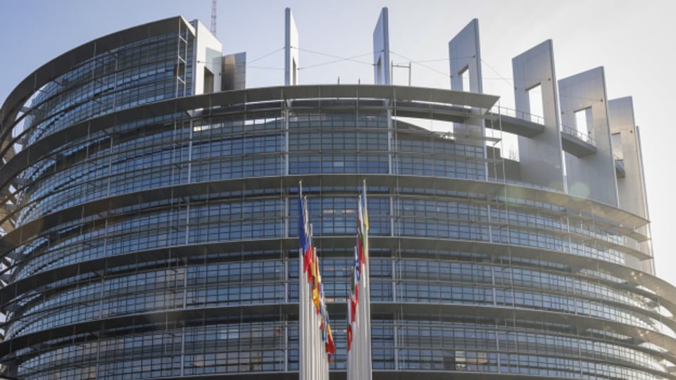 Hängende Fahnen vor dem Europäischen Parlament in Strassburg.
