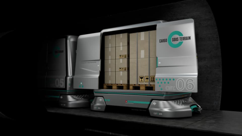 Computerillustration von Cargo Containern der Firma ''Loglay'' für den unterirdischen Versand von Waren.