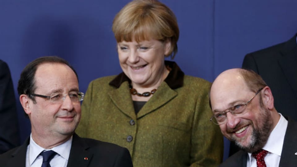 François Hollande, Angela Merkel und der Präsident des EU-Parlaments Martin Schulz.
