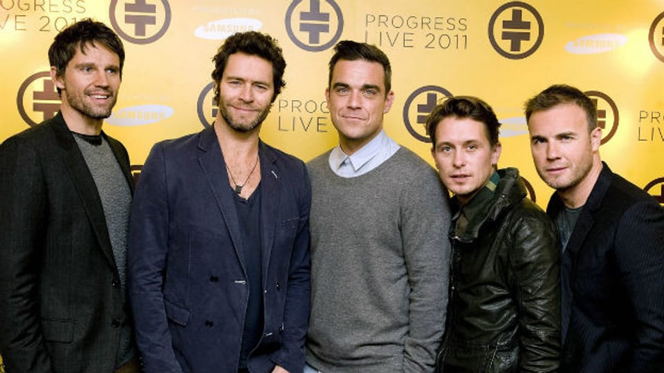 “Take That”, das sind Jason Orange, Howard Donald, Robbie Williams, Mark Owen and Gary Barlow. Hier am 26. Oktober 2010 nach der Ankündigung ihrer ersten Tour nach 16 Jahren