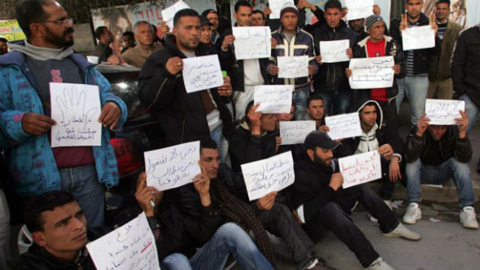 Junge Arbeitslose in Tunesien sind besonders anfällig, von Salafisten für Kriegseinsätze im Ausland rekrutiert zu werden. Auf dem Bild Proteste vor einer Phosphat-Mine in Metlaoui im Februar 2011