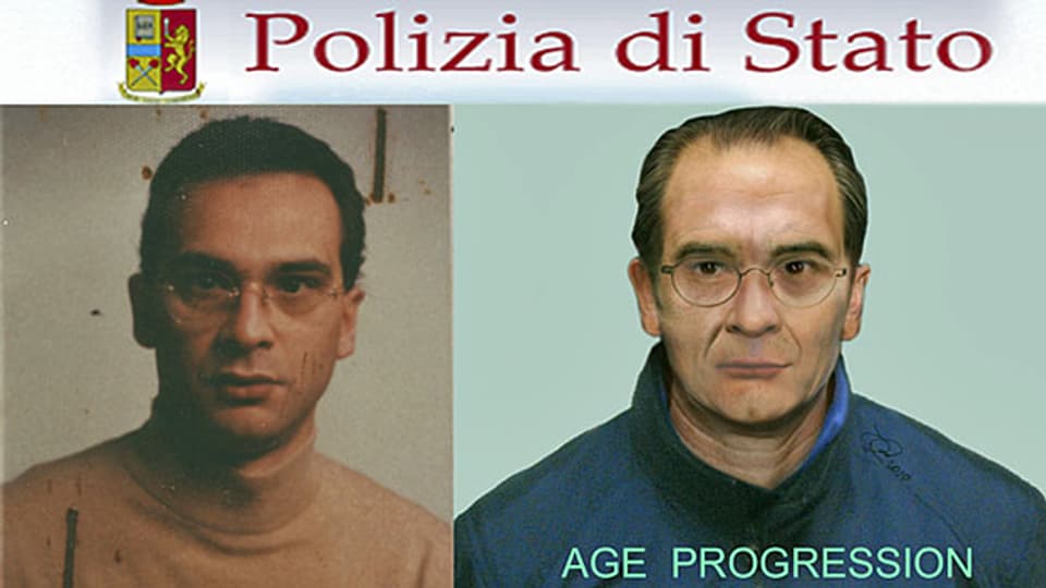 Fahndungsbild des seit 20 Jahren flüchtigen Matteo Messina Denaro. Rechts: so könnte er heute aussehen.
