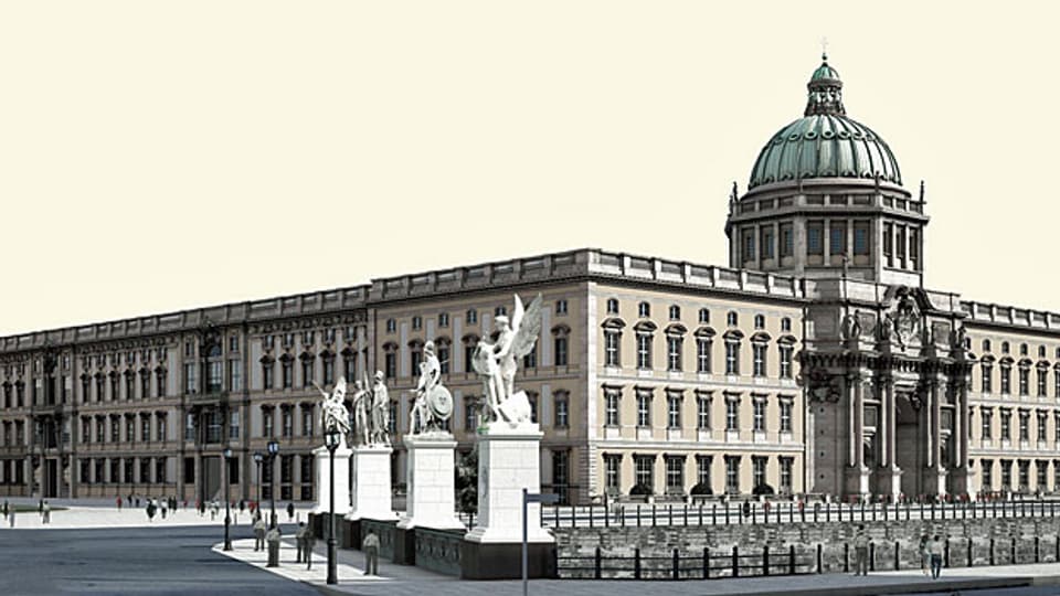 Die Computergrafik zeigt eine Nordwest-Ansicht des geplanten Berlines Schlosses mit der Schlossbrücke im Vordergrund.