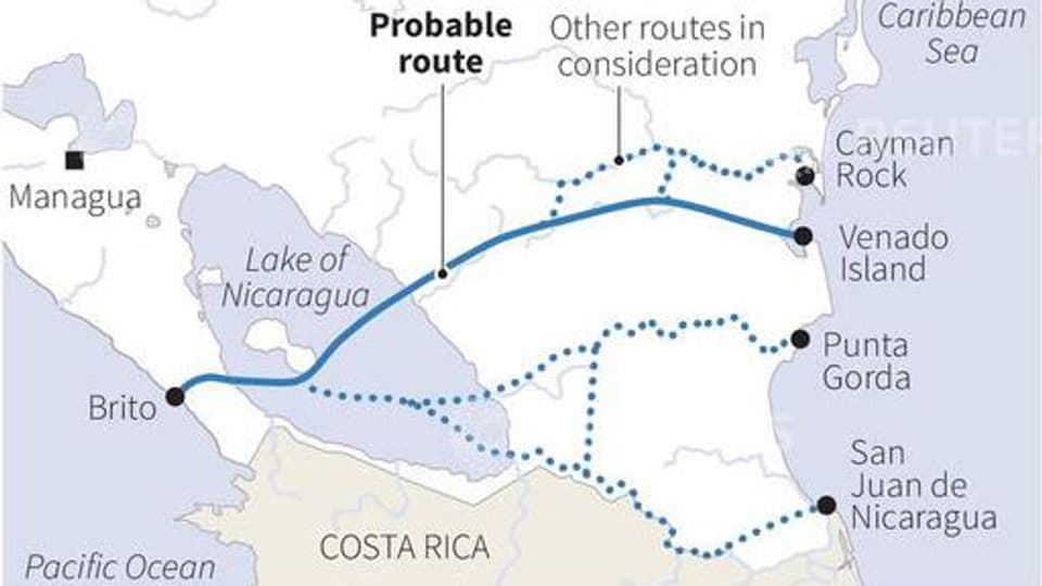 Die Karte zeigt die Route des geplanten Kanals durch Nicaragua. Der Gesetzgeber hat einem chinesischen Unternehmen grünes Licht gegeben, ein Projekt zu entwerfen.