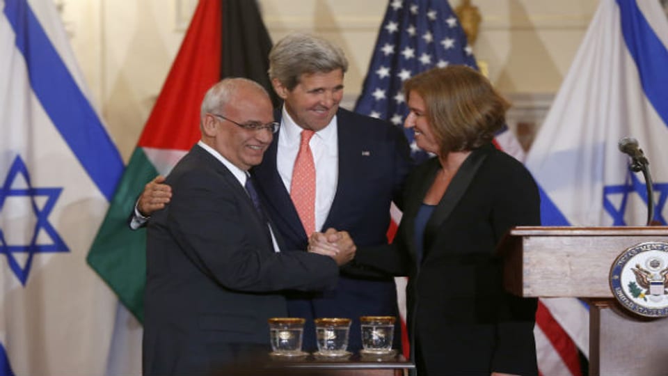John Kerry mit Tzipi Livni und Saeb Erehat