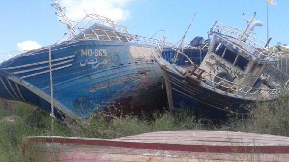 gestrandete Flüchtlingsboote am Strand von Lampedusa