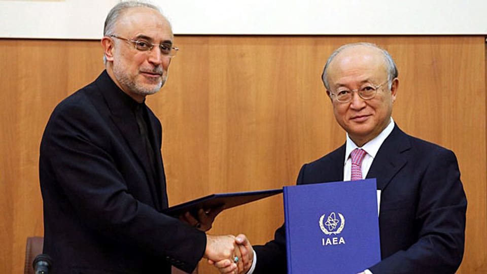 Mit Händedruck besiegeln Ali Akbar Salehi, Chef der iranischen Atomenergie-Behörde und IAEA-Chef Yukiya Amano, am 11. November in Teheran.