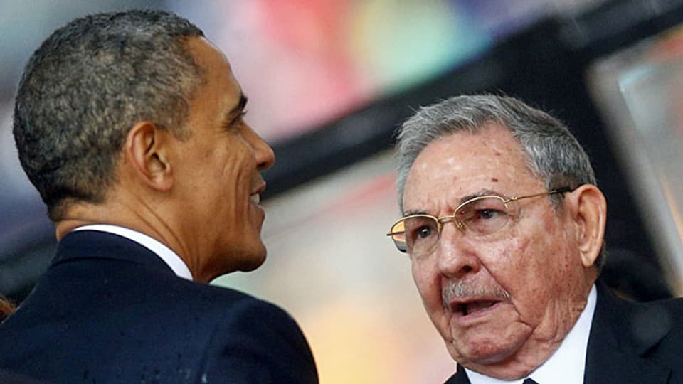 Im Stadion von Johannesburg: der Händedruck zwischen US-Präsident Barack Obama und dem kubanischen Präsidenten Raul Castro.