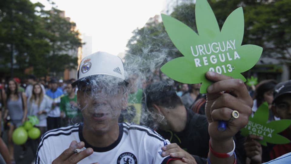Menschen an  der sogenannten «Last-Demonstration mit illegalen Marihuana» auf dem Weg zum Kongressgebäude in Montevideo am  10. Dezember 2013.